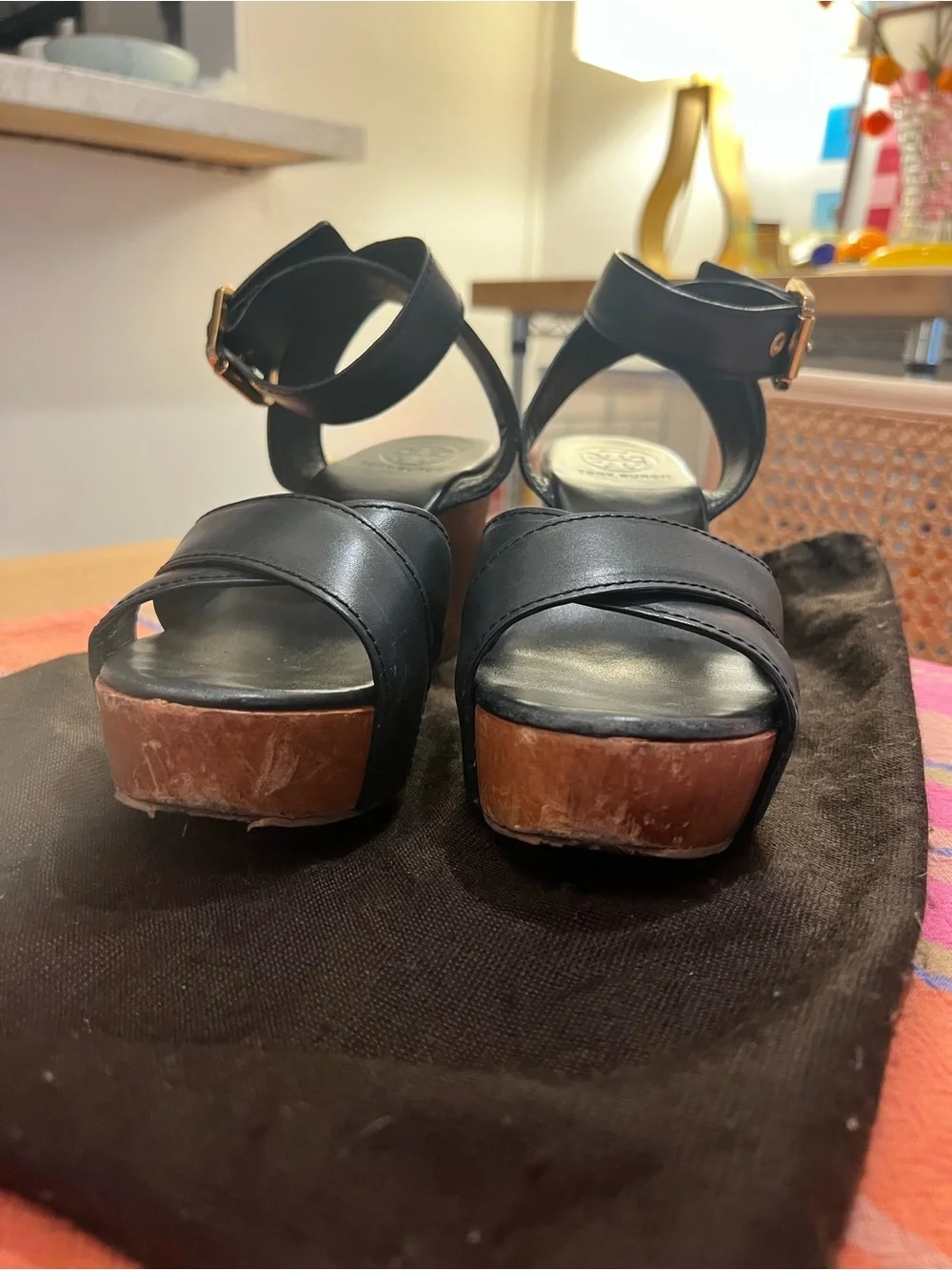 Tory Burch Leather and Wood Platform Wedge Sandals